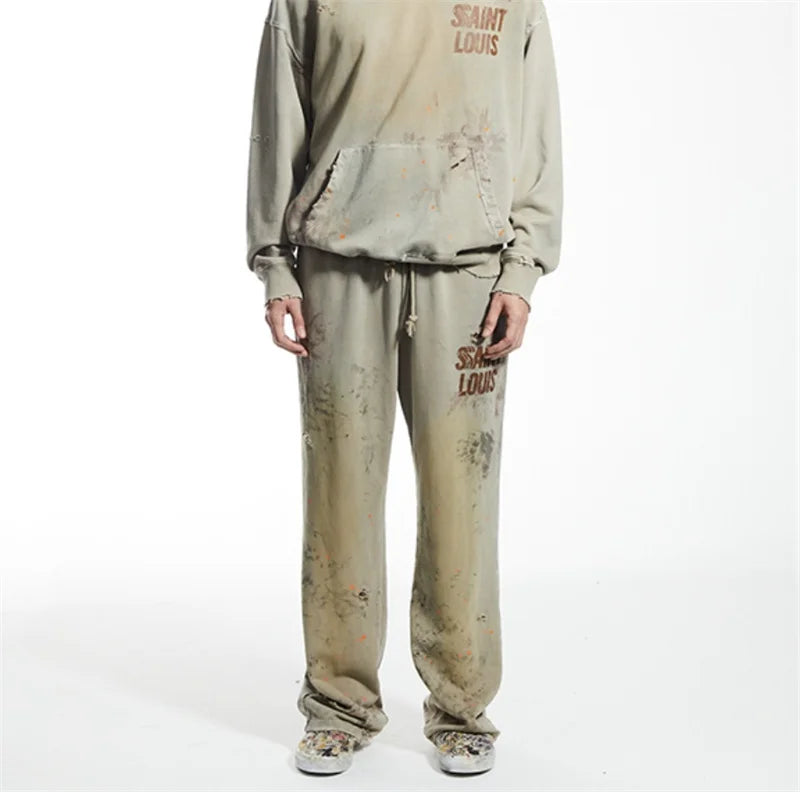 High Street Men Women Hip Hop Best Pants Vintage SAINT LOUIS Drawstring Destruction Splattered Ink Letters Print Sweatpants