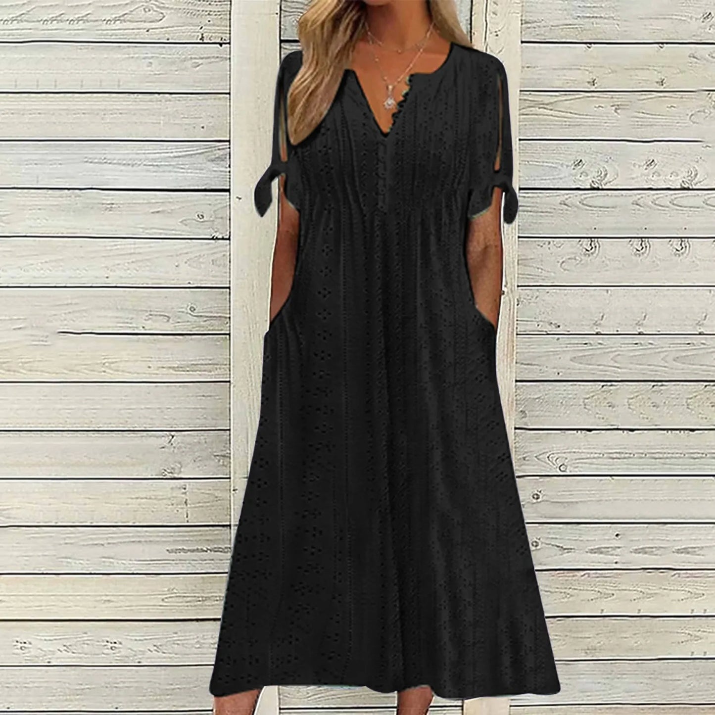 Dresses for Elegant Ladies White Party Dresses Hollow Out Bow Short Sleeve Lace Waist Pocket Wedding Mother Dress Vestidos Mujer
