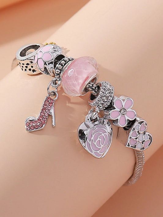 1pc Fashion DIY Beaded Peach Heart Pendant Women's Chain Bracelet Daily Accessories