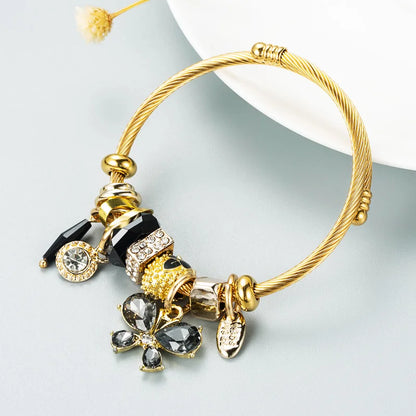 Stainless Steel Mixed Beads Butterfly Adjustable Bracelet with Crystals Letter Tag for Women DIY Jewelry