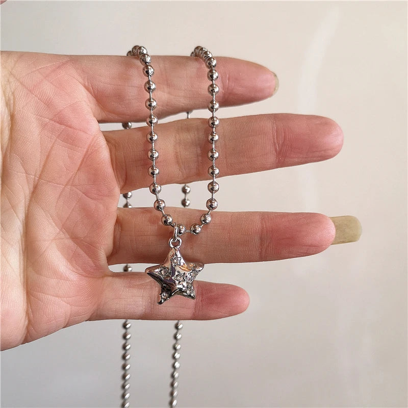 Kpop Vintage Punk Silver Color Star Pendant Bead Necklace for Men Women Street Hip Hop Aesthetic Grunge Jewelry Y2K Accessories