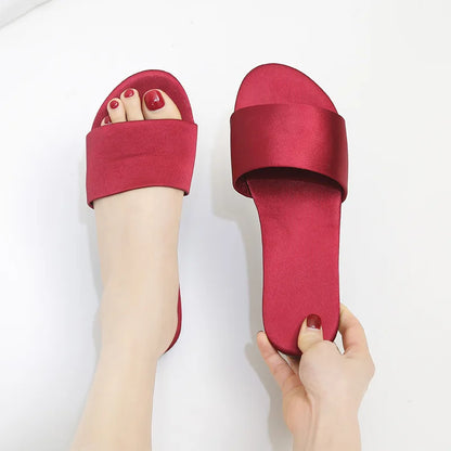 Women Beach Slippers 2024 Summer Flat Shoes Woman Slip On Slides Silk Style Female Slip On Sandals Girls Indoor Outdoor Slippers