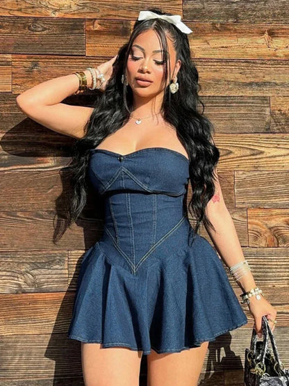 Fake Denim Strapless Sexy Dress Women Summer Trend Skinny Hipster Fashion Concert Birthday Party Clubwear  Bodycon