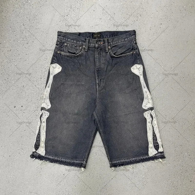 American Street  Retro Denim Shorts with Letter Embroidery Oversized Jeans Men  Loose Casual Versatile Shorts