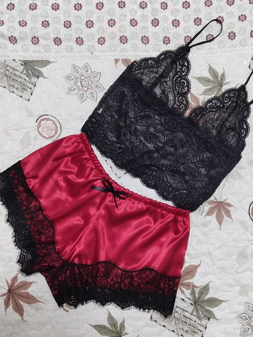 Lace Silk Sleepwear for Women Pajamas Set Sexy Lingerie Crop Tops Shorts Babydoll Nightwear S/M/L/XL/2XL
