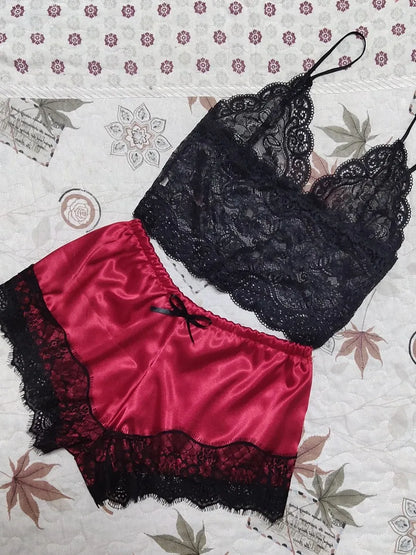 Lace Silk Sleepwear for Women Pajamas Set Sexy Lingerie Crop Tops Shorts Babydoll Nightwear S/M/L/XL/2XL