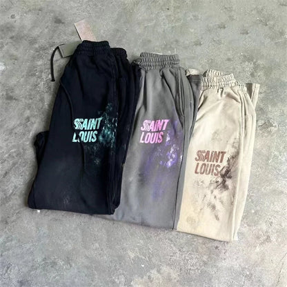 High Street Men Women Hip Hop Best Pants Vintage SAINT LOUIS Drawstring Destruction Splattered Ink Letters Print Sweatpants