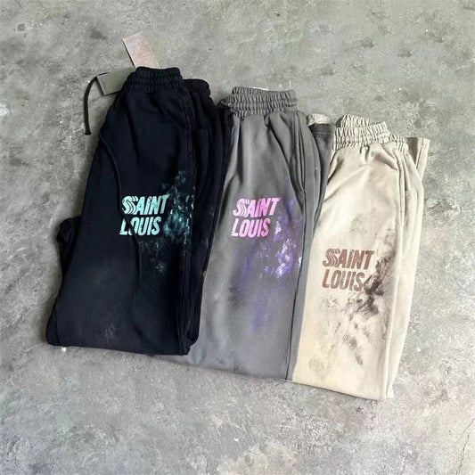 High Street Men Women Hip Hop Best Pants Vintage SAINT LOUIS Drawstring Destruction Splattered Ink Letters Print Sweatpants