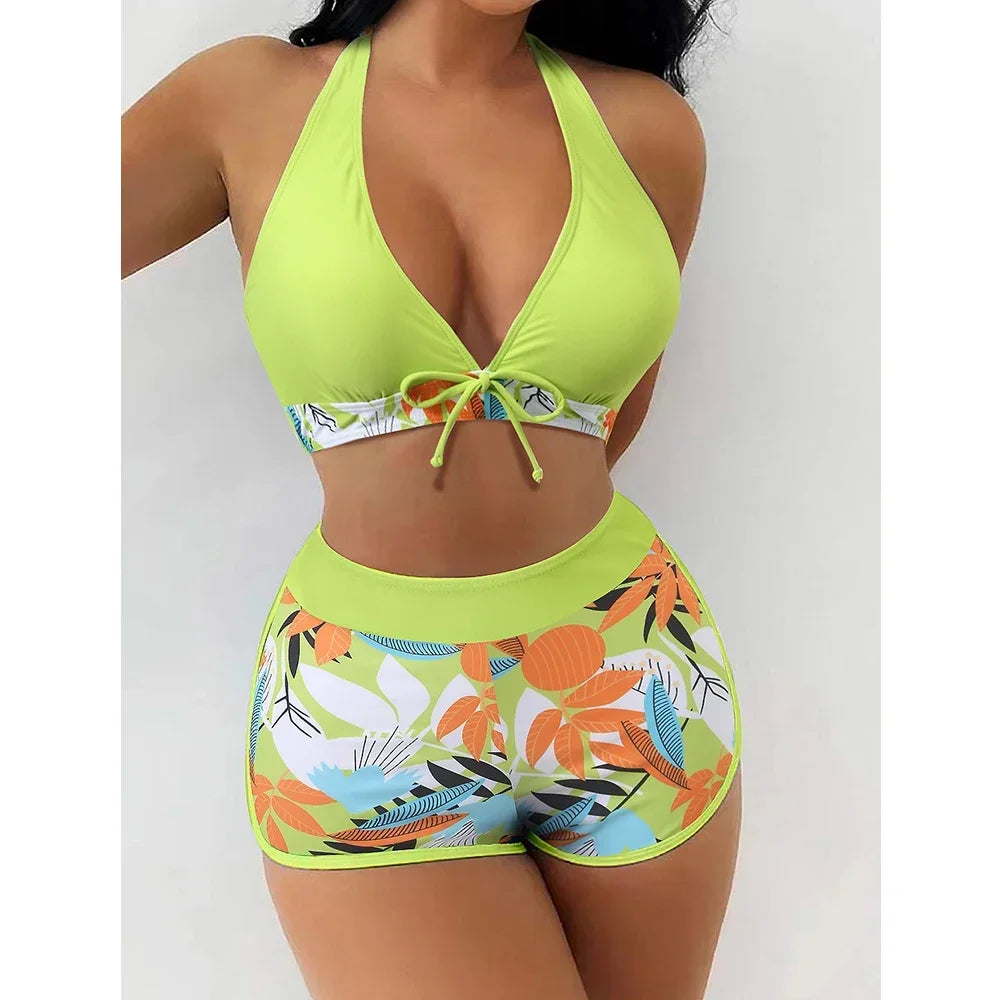 Women's Sexy Triangle Bikini Set 2-piece Swimsuit Hanging Neck Cross Split Swimwear Color Matching Brazilian Bathing Suit