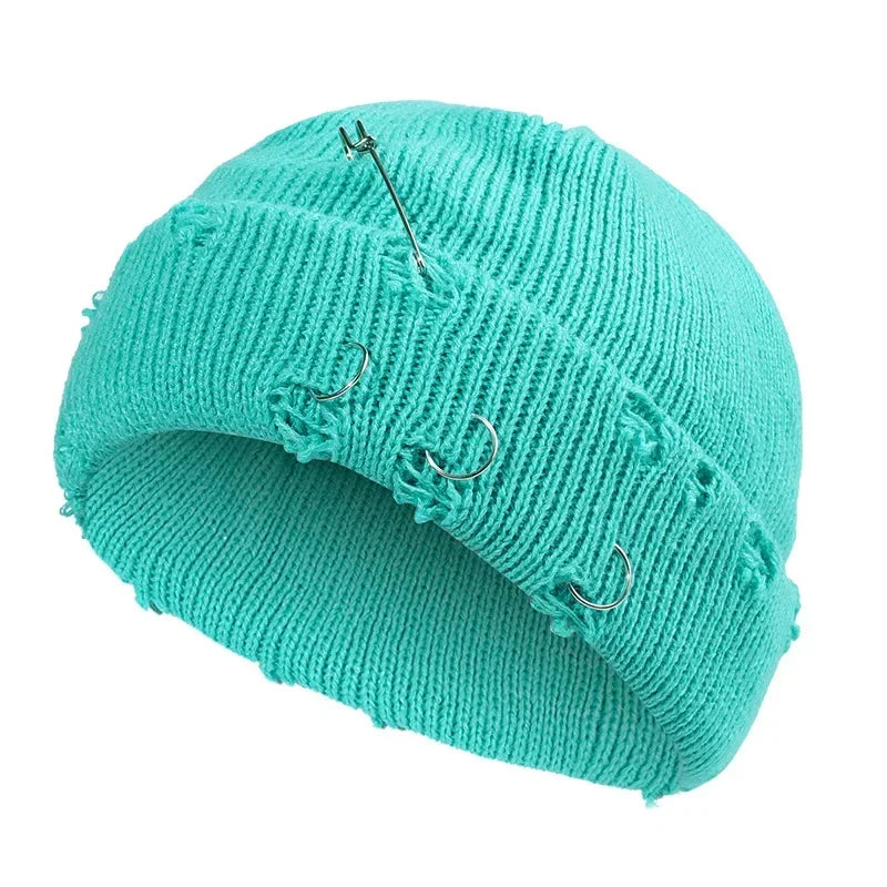9 Colors Fashionable Ladies Winter Warm Knitted Caps 3 Metal Ring Buckled Hat Cool Pure Hip Hop Hats for Women