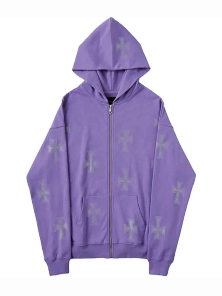 European and American loose top cross hot diamond hoodie women's high street  retro hip hop zipper Y2K hooded sweatshirt