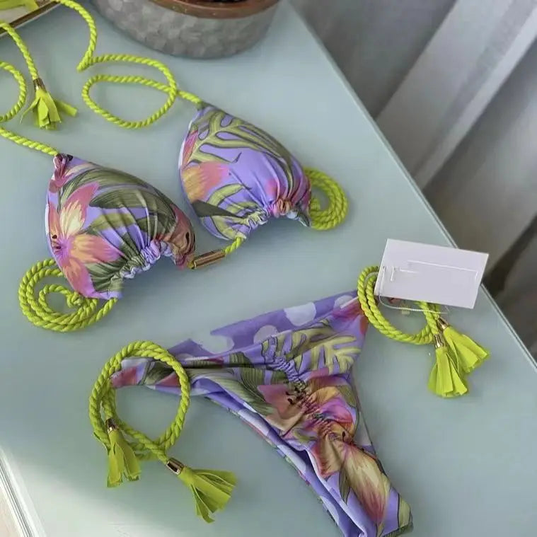 New Ladies Sexy Printed Rope Bikini Split Swimsuit