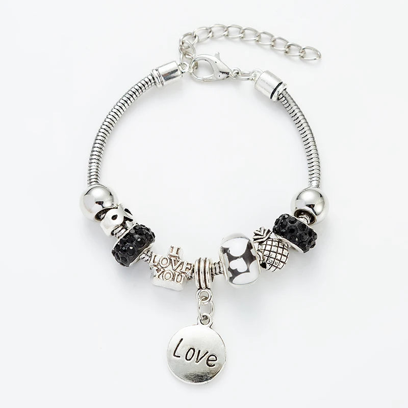 Round Letter Love Zircon Crystal Pendant for Women's Fashion Pandora Collection Charm Jewelry Gift Party Charm Beaded Bracelet