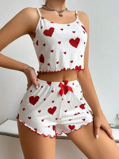 Hot Selling Womens Pajamas Set Sleepwear 2PCS Short Tank Tops And Shorts White Ventilate Soft Casual Red Love Printing Sleepwear