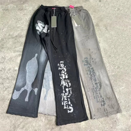 High Street Men Women Hip Hop Best Pants Vintage SAINT LOUIS Drawstring Destruction Splattered Ink Letters Print Sweatpants