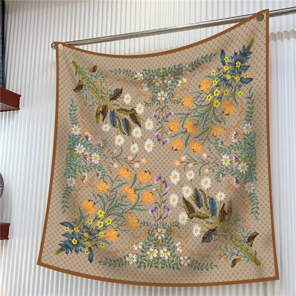 Silk Scarf Women Floral Printed Square Scarves Head Echarpes Silk Foulards Femme Wraps Beach Shawls Bandana Lady Hijabs 90CM