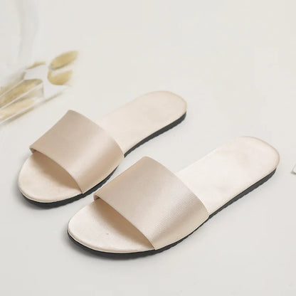 Women Beach Slippers 2024 Summer Flat Shoes Woman Slip On Slides Silk Style Female Slip On Sandals Girls Indoor Outdoor Slippers