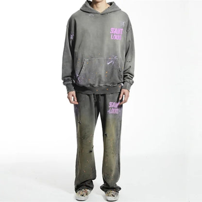 High Street Men Women Hip Hop Best Pants Vintage SAINT LOUIS Drawstring Destruction Splattered Ink Letters Print Sweatpants