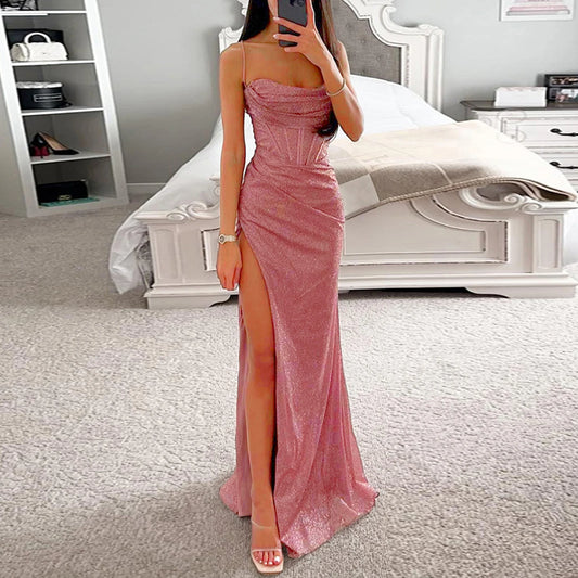 Off-shoulder Gown Dress Elegant Sequin V-neck Maxi Dress for Evening Party Prom Off Shoulder Slim Sexy Split Long Dress