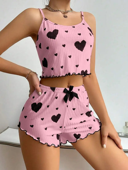 Hot Selling Womens Pajamas Set Sleepwear 2PCS Short Tank Tops And Shorts White Ventilate Soft Casual Red Love Printing Sleepwear