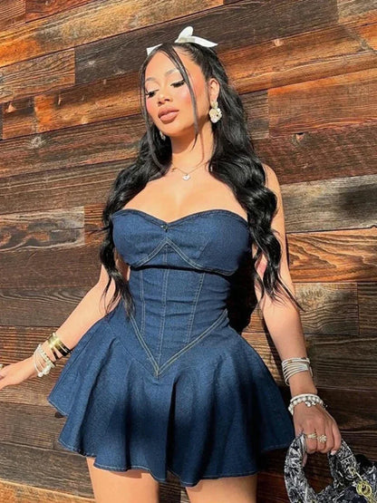 Fake Denim Strapless Sexy Dress Women Summer Trend Skinny Hipster Fashion Concert Birthday Party Clubwear  Bodycon