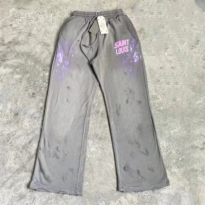 High Street Men Women Hip Hop Best Pants Vintage SAINT LOUIS Drawstring Destruction Splattered Ink Letters Print Sweatpants