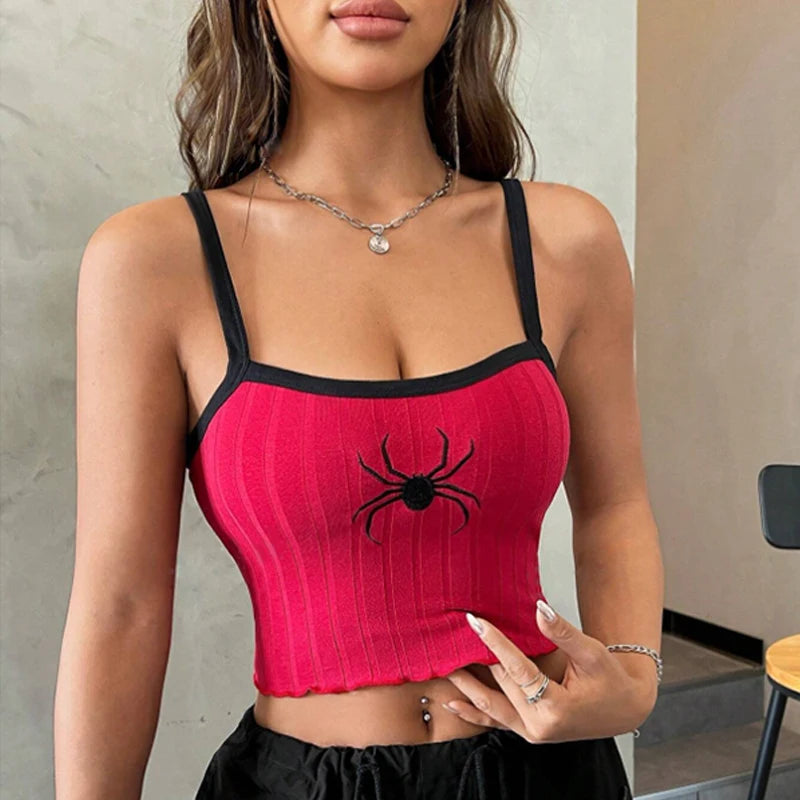 Y2k Rose Pink Tank Tops Sexy Women Summer Camis Punk Harajuku Sleeveless Spider Printed Tights Vest Femme Streetwear Graphic Top