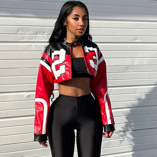 Women Faux Leather Streetwear Fashion New Jacket Letter Print Autumn Casual Sporty Wild Streetwear Uniform Trend Lady Crop Coat
