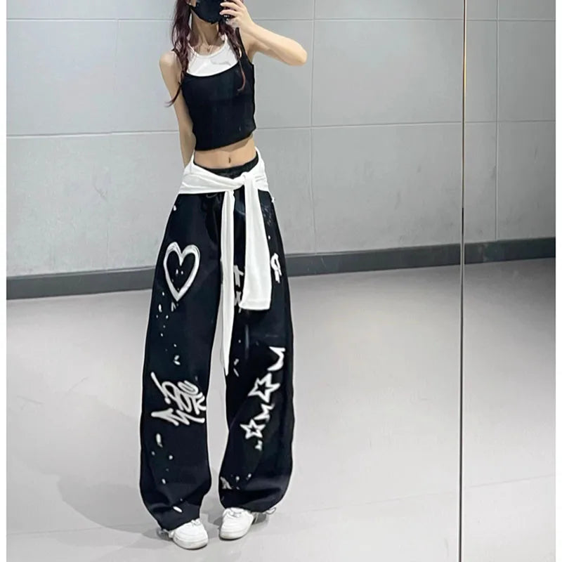 American retro graffiti summer casual solid color straight leg pants for men and women High street jazz hip hop wide leg sports