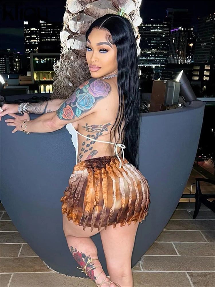 kliou Summer Women Mini Sexy Mesh Two Piece Set K23S37851 Girl Print Ruched Halter Camisole+Hip Skirt Outfit Dance Club Attire