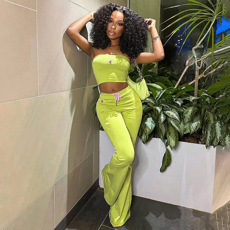 summer new solid color sleeveless strapless embroidered slim fit micro flared long women's suit