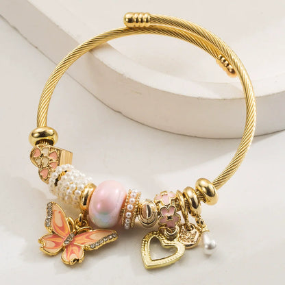 Stainless Steel Mixed Beads Butterfly Adjustable Bracelet with Crystals Letter Tag for Women DIY Jewelry