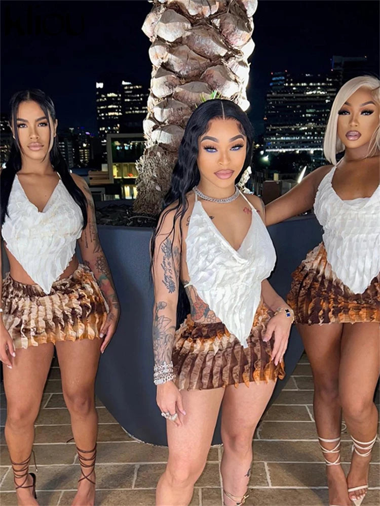 kliou Summer Women Mini Sexy Mesh Two Piece Set K23S37851 Girl Print Ruched Halter Camisole+Hip Skirt Outfit Dance Club Attire