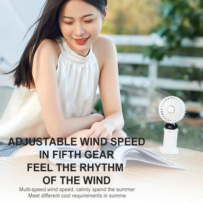 USB Handheld Mini Fan Foldable Portable Neck Hanging Fans 5 Speed USB Rechargeable Small Fan with Phone Stand and Power Display