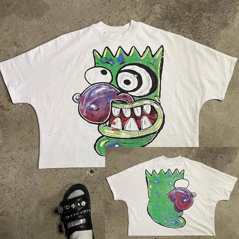 Trendy Brand Fashion Letters Cartoon Print Oversized Short-sleeved Men Y2k Harajuku Hip-hop Retro Loose Casual T-shirts Women