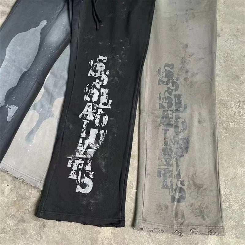 High Street Men Women Hip Hop Best Pants Vintage SAINT LOUIS Drawstring Destruction Splattered Ink Letters Print Sweatpants