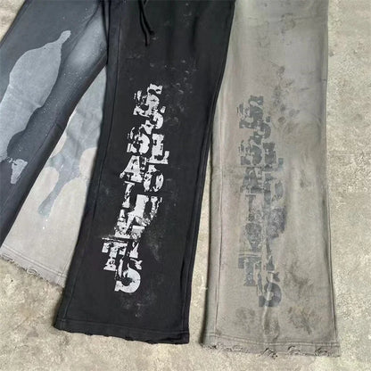High Street Men Women Hip Hop Best Pants Vintage SAINT LOUIS Drawstring Destruction Splattered Ink Letters Print Sweatpants