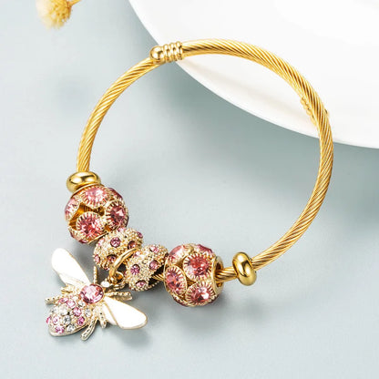 Stainless Steel Mixed Beads Butterfly Adjustable Bracelet with Crystals Letter Tag for Women DIY Jewelry