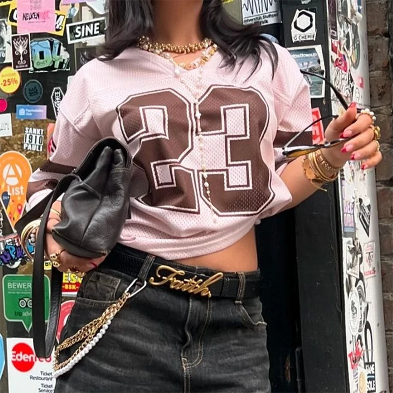 Women Y2k Graphic Oversized Jersey Tees Sporty Aesthetic Number Letter Print Jersey T-shirt Preppy Loose Fit Tops Clothes