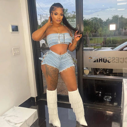 Streetwear Jeans Shorts Outfit Set Sexy Women Elegant Two Pieces Denim Club Matching Set Top+Shorts