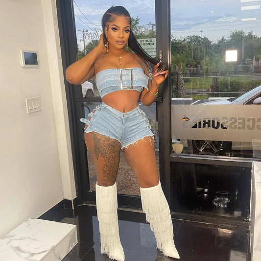 Streetwear Jeans Shorts Outfit Set Sexy Women Elegant Two Pieces Denim Club Matching Set Top+Shorts