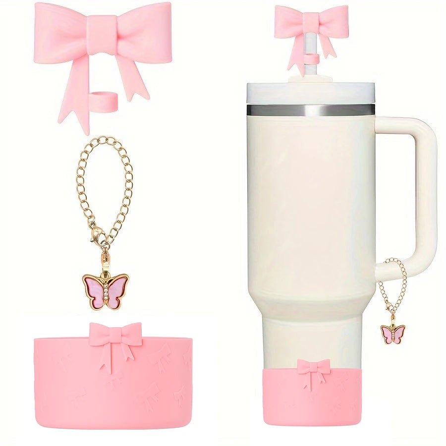 3Pcs Bow Straw Cap Covers Toppers Accessories for Stanley 30&40 Cups Silicone Boot Butterfly Charm Chain for Tumbler with Handle