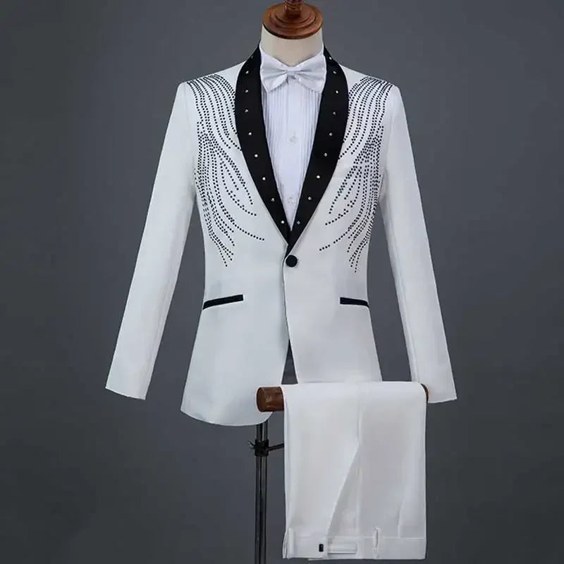 Autumn Slim Printed Wedding Men Suit Jacket Set For Marriage High Quality Stage Performance Host Formal Black Men Blazer