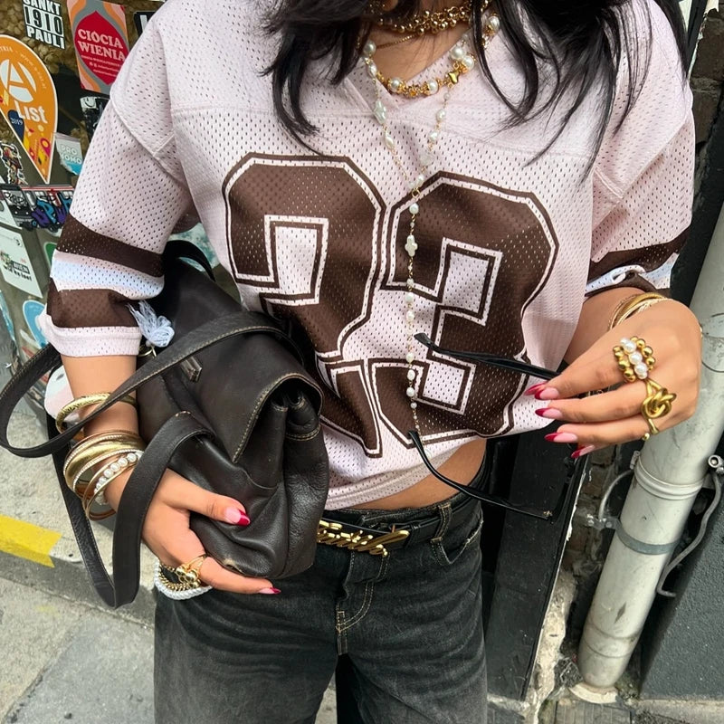 Women Y2k Graphic Oversized Jersey Tees Sporty Aesthetic Number Letter Print Jersey T-shirt Preppy Loose Fit Tops Clothes