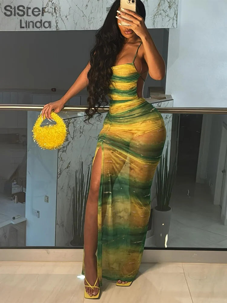 Sisterlinda Vintage Contrast Long Dress Women Cross Bandage Backless Shirring Split Bodycon Mujer Elegant Evening Party Vestidos