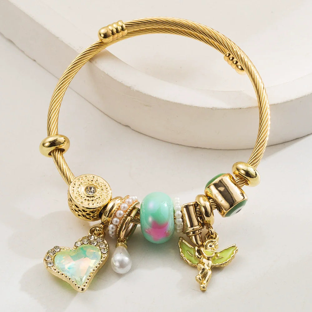 Stainless Steel Mixed Beads Butterfly Adjustable Bracelet with Crystals Letter Tag for Women DIY Jewelry