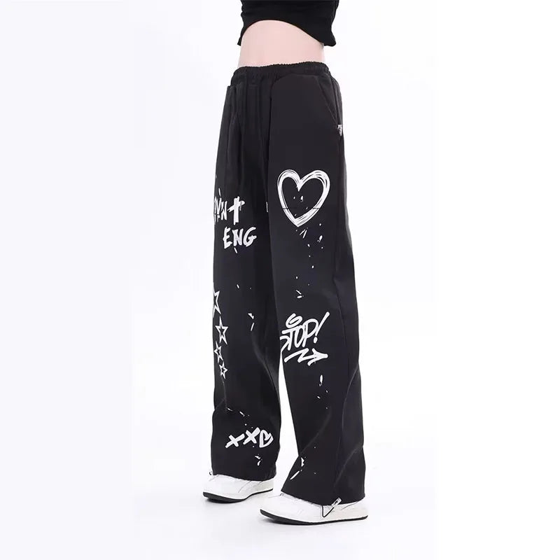 American retro graffiti summer casual solid color straight leg pants for men and women High street jazz hip hop wide leg sports