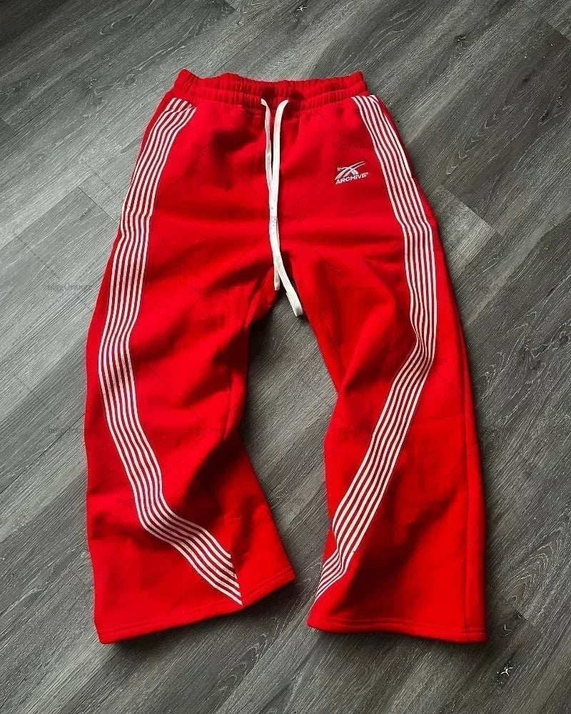 High Street Hip Hop Flared Sweatpants Striped Side Zipper Design Elastic Waist Wide-Leg American Retro Trend pants