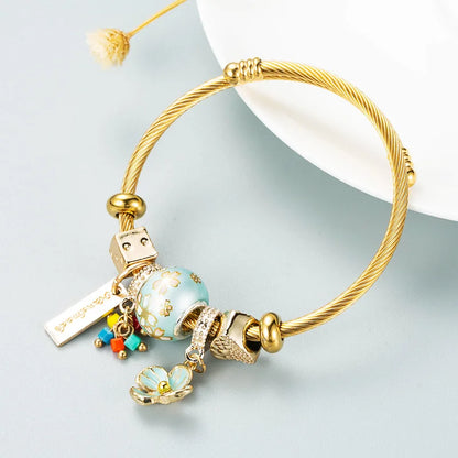 Stainless Steel Mixed Beads Butterfly Adjustable Bracelet with Crystals Letter Tag for Women DIY Jewelry