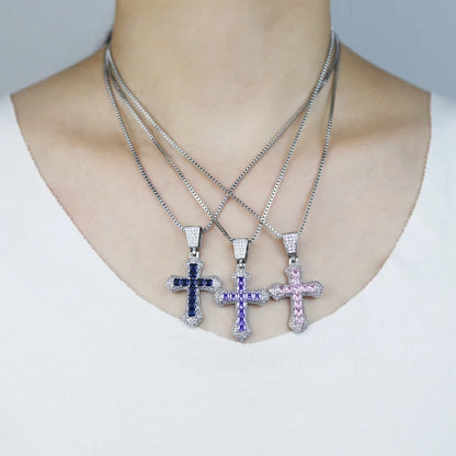 New Iced Out Bling Cross Pendant Necklace Silver Color Rectangle CZ Cubic Zirconia Blue Pink Charm Hip Hop Men Jewelry